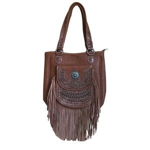 Montana West Brown Fringe Studded Shoulder Bag